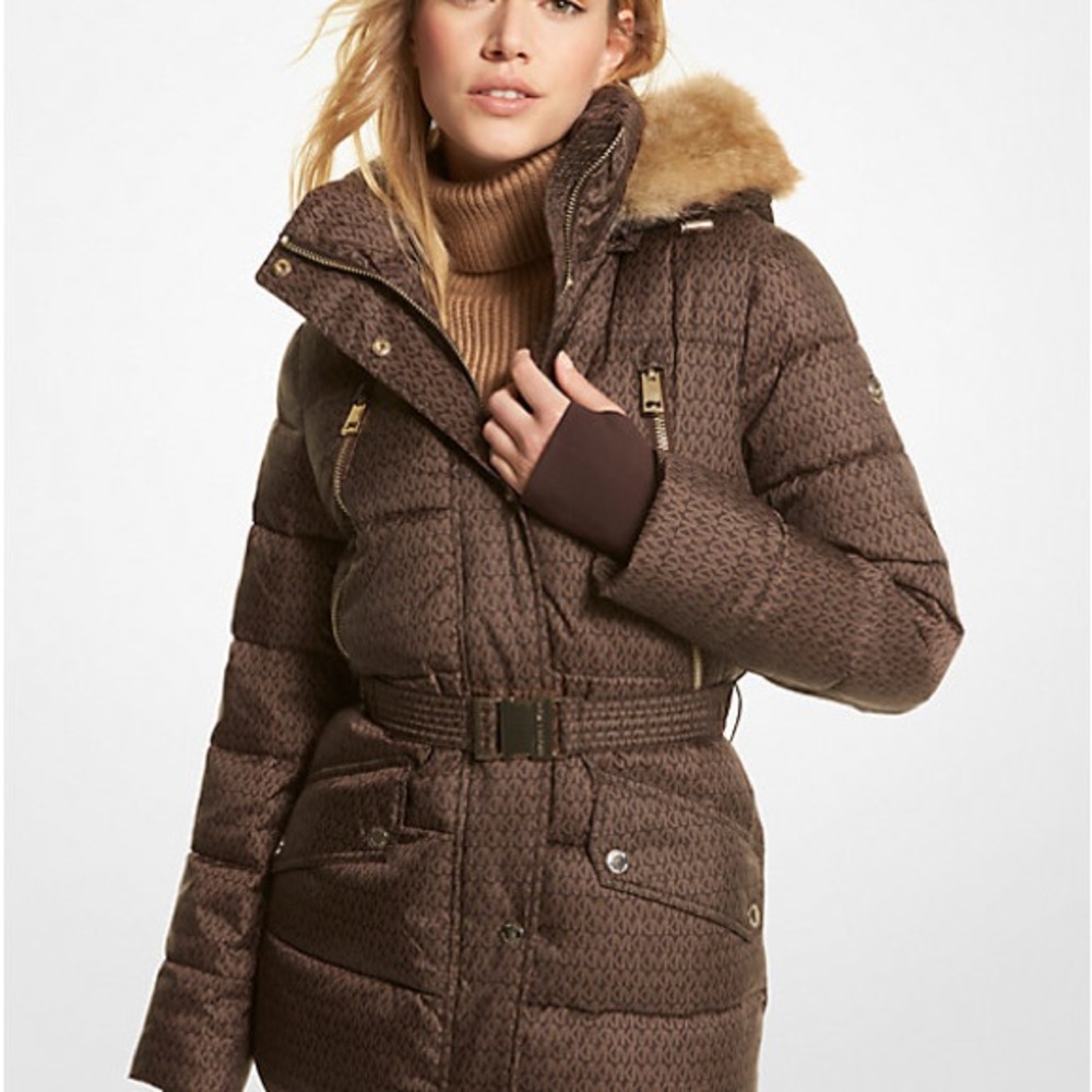 Michael Kors Chocolate Puffer Jacket with Fur Hood